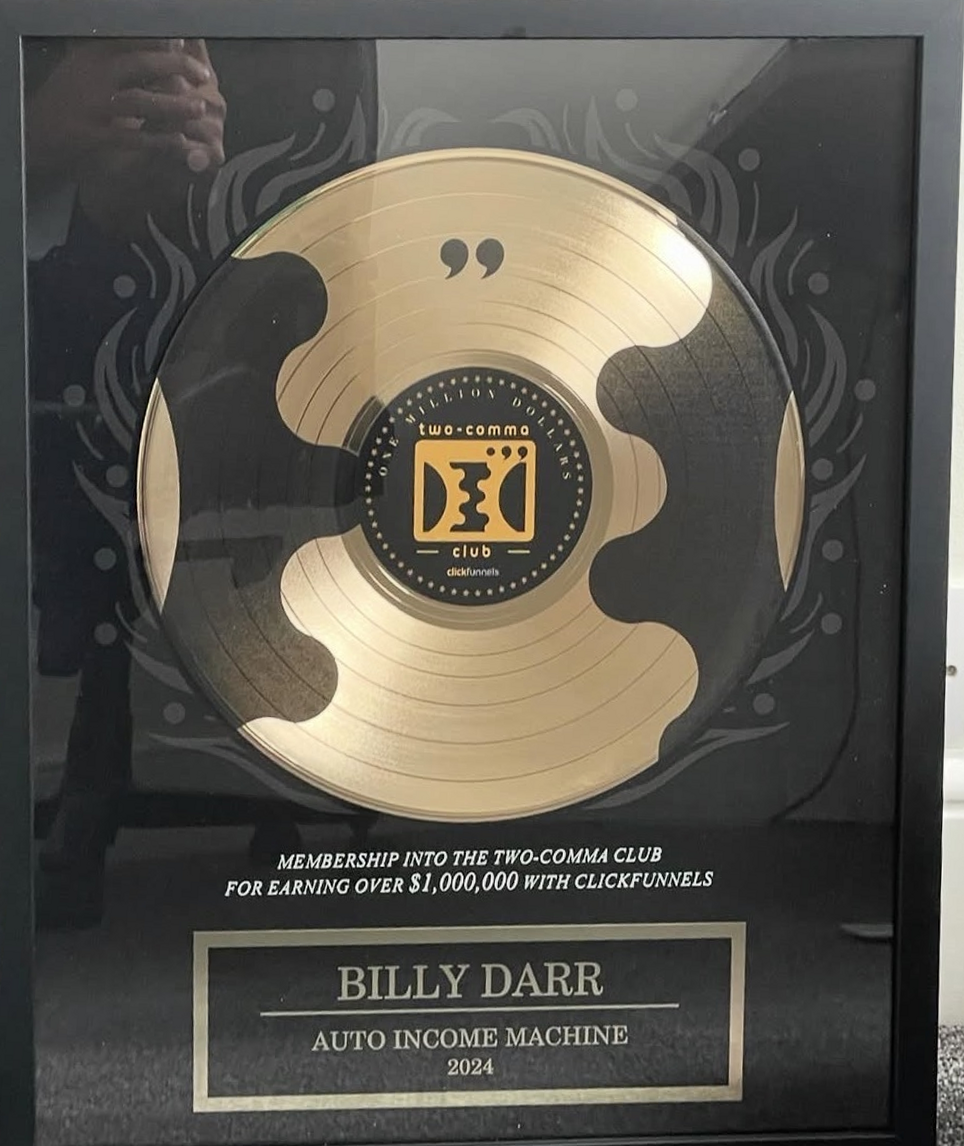 Billy Darr's ClickFunnels Two Comma Club award plaque