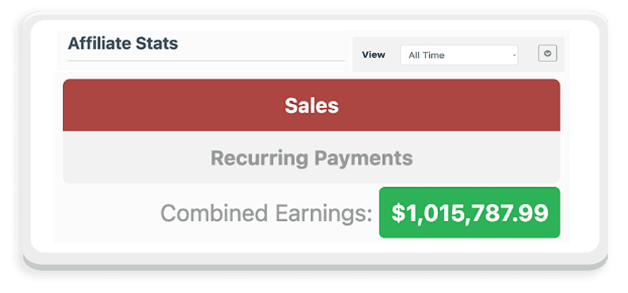 Affiliate stats dashboard showing combined earnings of $1,015,787.99