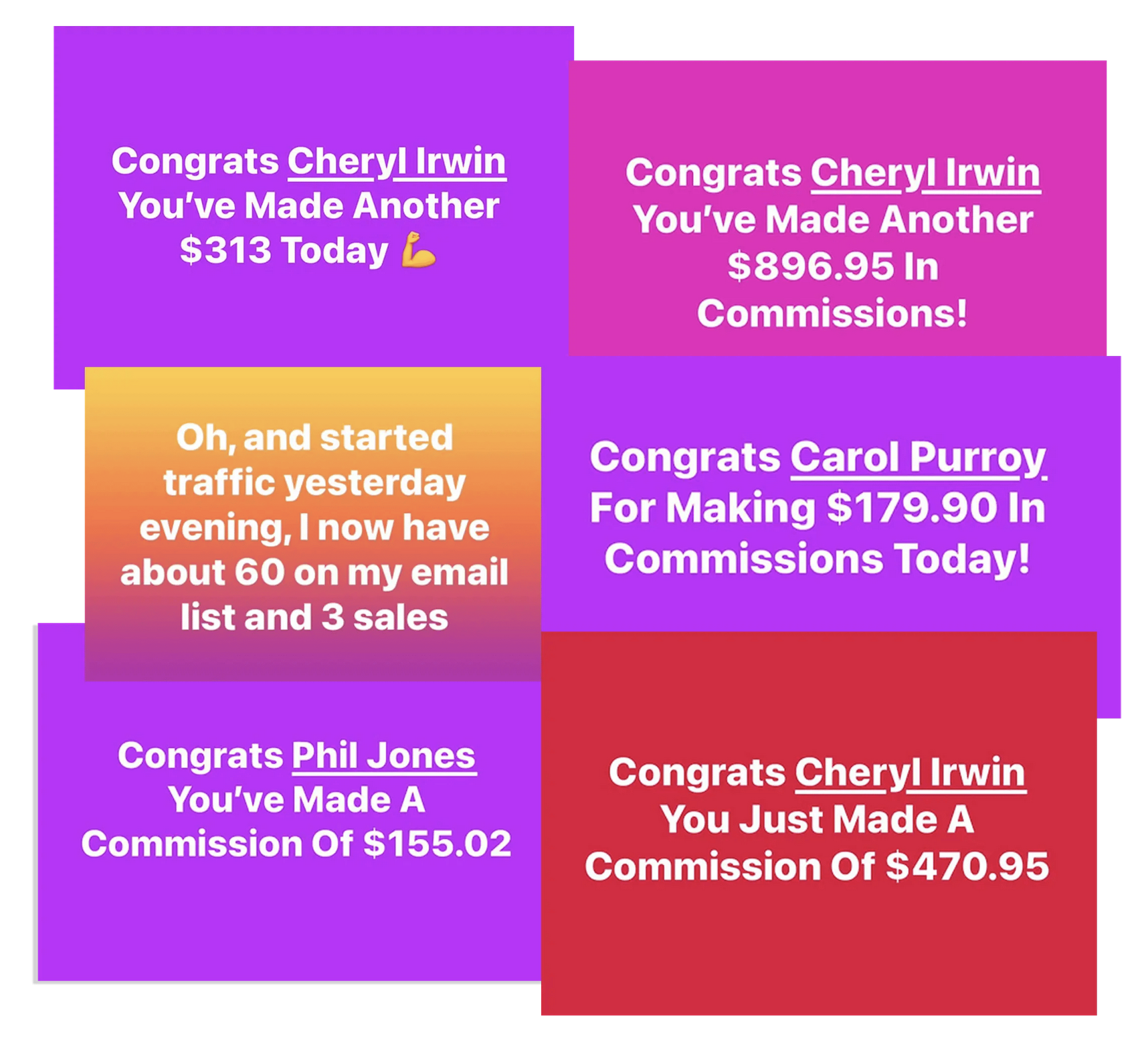 Screenshots of commissions and messages from real customers